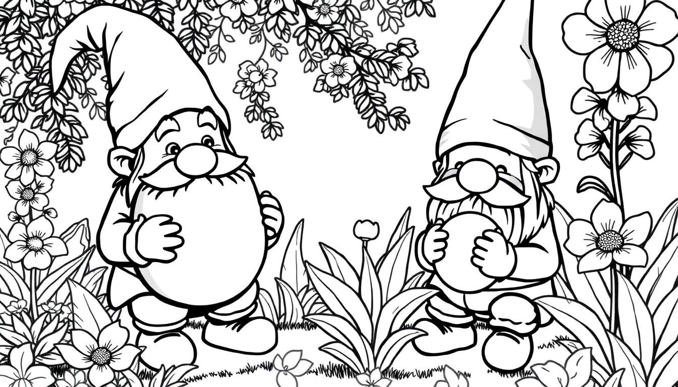 Desenho em preto e branco de dois gnomos de jardim felizes em um jardim florido, com flores e folhas vibrantes. Um color panel animado!