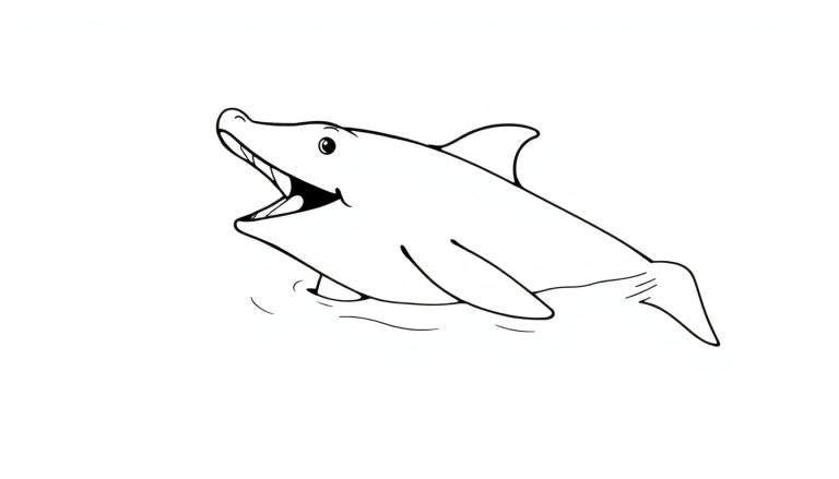Um desenho de golfinho com um sorriso, linhas pretas grossas e fundo branco.