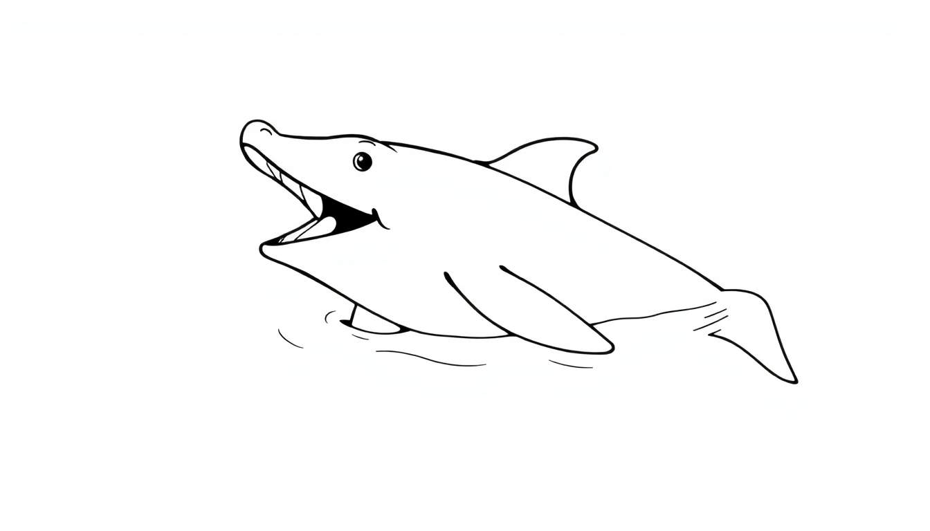 Um desenho de golfinho com um sorriso, linhas pretas grossas e fundo branco.