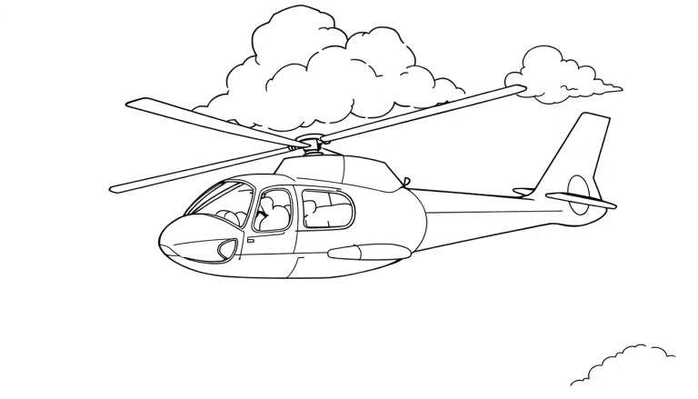 Um helicóptero com hélices giratórias e nuvens fofas, visto num color panel.