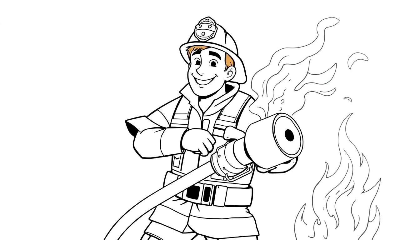 Um desenho animado de um bombeiro sorridente, segurando uma mangueira e apagando chamas.