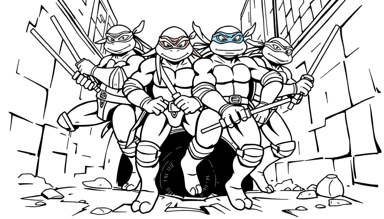 Desenho a preto e branco das Tartarugas Ninja em um beco.