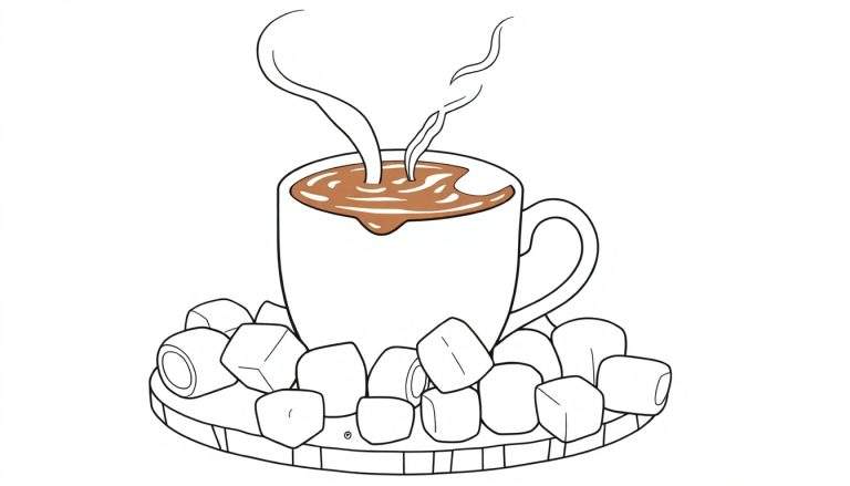 Uma caneca de chocolate quente fumegante com marshmallows, pronta para ser colorida em um color panel.
