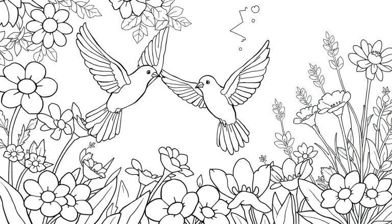 Desenho em preto e branco de flores e pássaros voando, com um color panel para colorir.