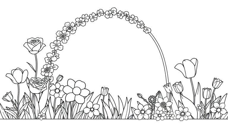 Desenho em preto e branco de um arranjo floral com rosas e tulipas, em estilo linear detalhado, para colorir. Inclui um arco floral e vegetação orgânica, com a adição de um 'color panel' implícito para a pintura.