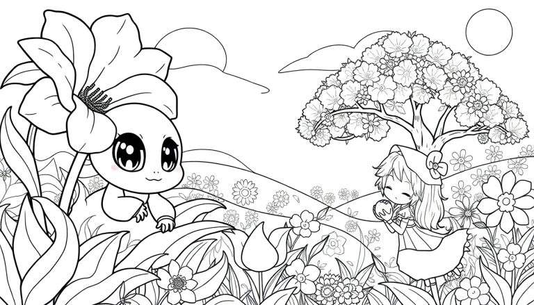 Ilustração em preto e branco para colorir de um jardim de fantasia com um bebê fofo espreitando atrás de uma flor e uma garota sentada sob uma árvore florida.