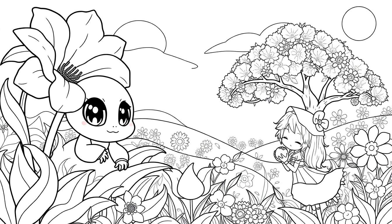 Ilustração em preto e branco para colorir de um jardim de fantasia com um bebê fofo espreitando atrás de uma flor e uma garota sentada sob uma árvore florida.