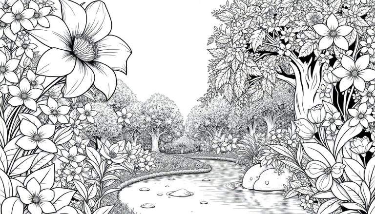 Desenho em preto e branco de uma paisagem com uma grande flor, riacho e árvores.