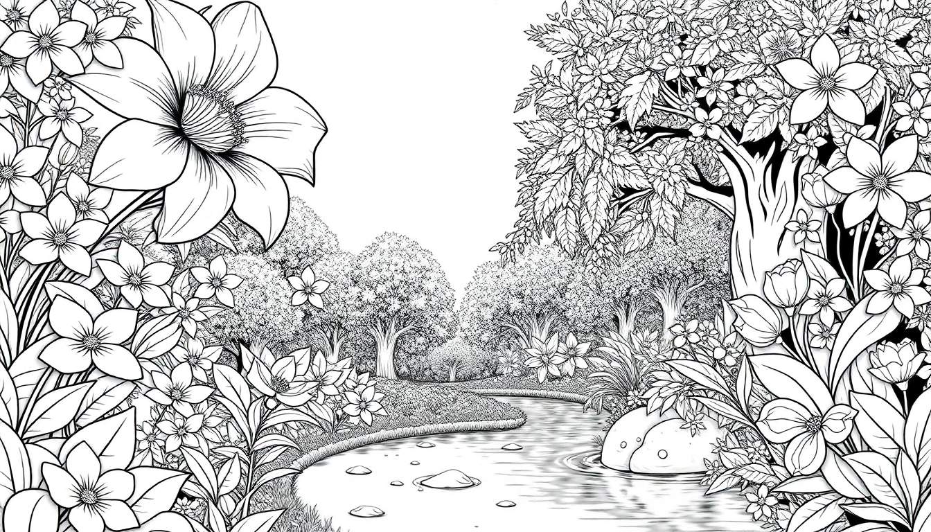 Desenho em preto e branco de uma paisagem com uma grande flor, riacho e árvores.