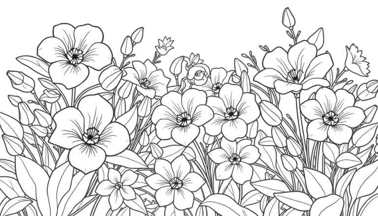 Um desenho em preto e branco de um jardim de flores com borboletas, ideal para um color panel.