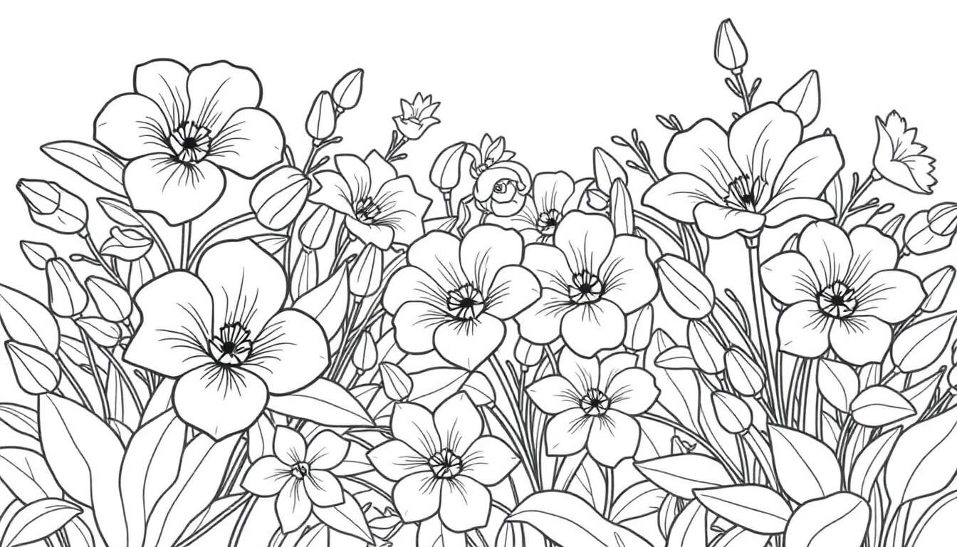 Um desenho em preto e branco de um jardim de flores com borboletas, ideal para um color panel.
