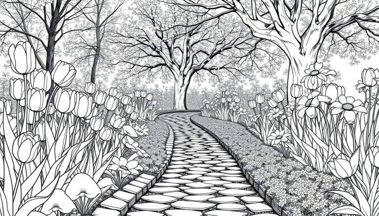 Um jardim preto e branco detalhado com um caminho sinuoso, flores e árvores, pronto para ser colorido. Este color panel convida à criatividade.