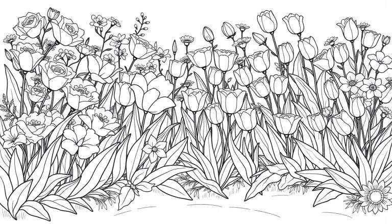 Ilustração em preto e branco de um canteiro de flores denso com tulipas e rosas, ideal para um color panel.