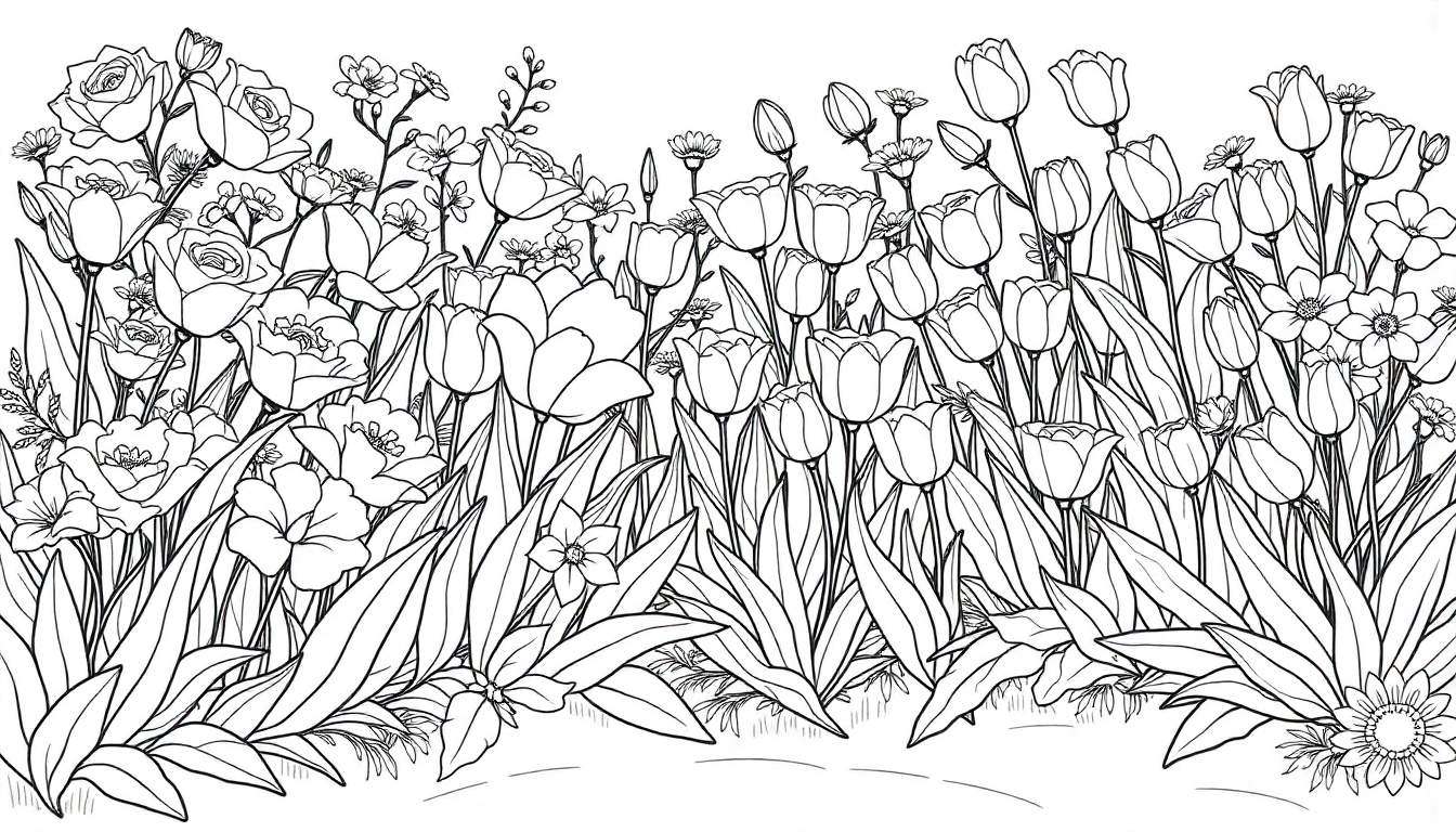 Ilustração em preto e branco de um canteiro de flores denso com tulipas e rosas, ideal para um color panel.