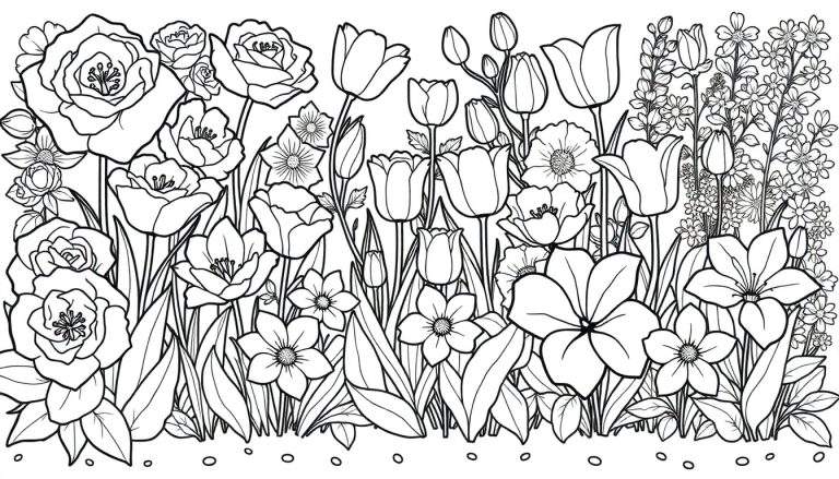 Um desenho de contorno de um jardim com rosas, tulipas e flores menores, com folhas, caules e pedras, perfeito para colorir.
