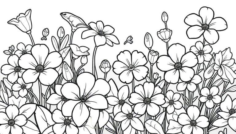 Desenho em preto e branco de um jardim florido para colorir, com flores, folhas, talos e um pássaro. Inclui um 'color panel'.