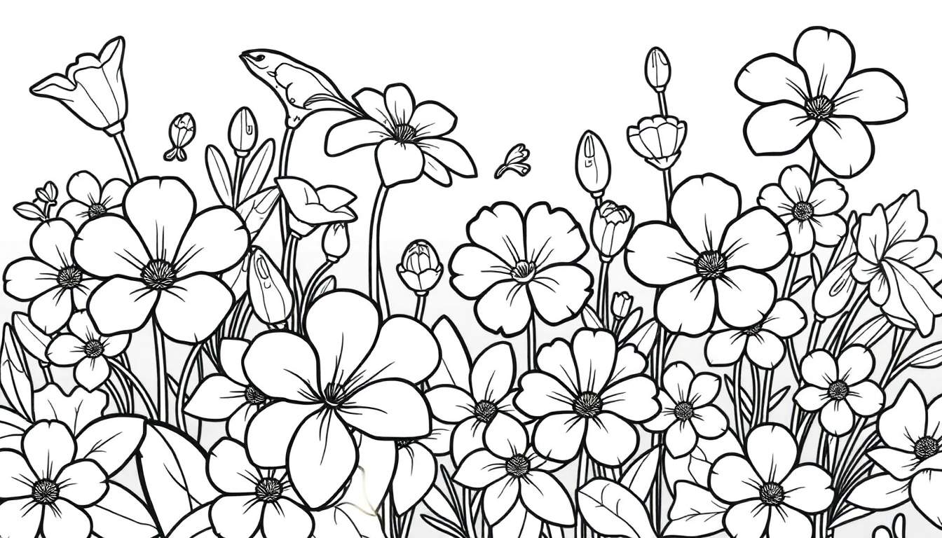 Desenho em preto e branco de um jardim florido para colorir, com flores, folhas, talos e um pássaro. Inclui um 'color panel'.