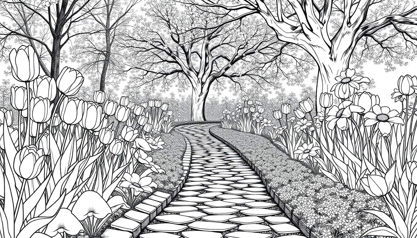 Um jardim preto e branco detalhado com um caminho sinuoso, flores e árvores, pronto para ser colorido. Este color panel convida à criatividade.