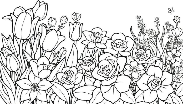 Um desenho de jardim com muitas flores para colorir. Este color panel está cheio de tulipas e rosas, pronto para ganhar vida com cores vibrantes!