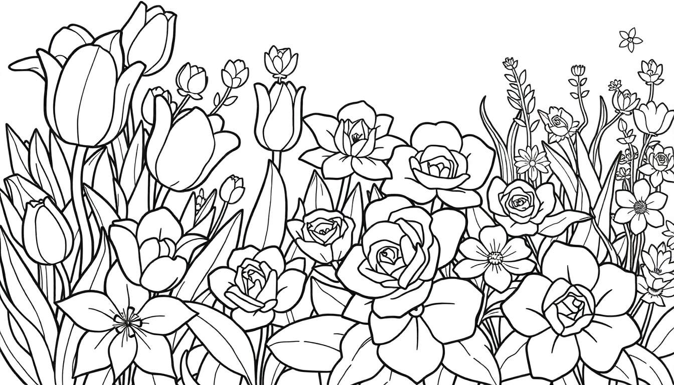Um desenho de jardim com muitas flores para colorir. Este color panel está cheio de tulipas e rosas, pronto para ganhar vida com cores vibrantes!