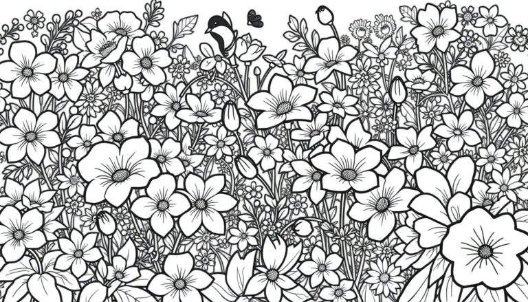 Um desenho em preto e branco de um campo de flores detalhado com pássaros e uma borboleta. Este color panel está cheio de vida.
