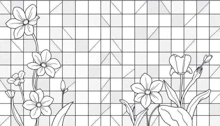 Um painel colorido com quadrados em branco e cinza divididos diagonalmente e flores estilizadas.