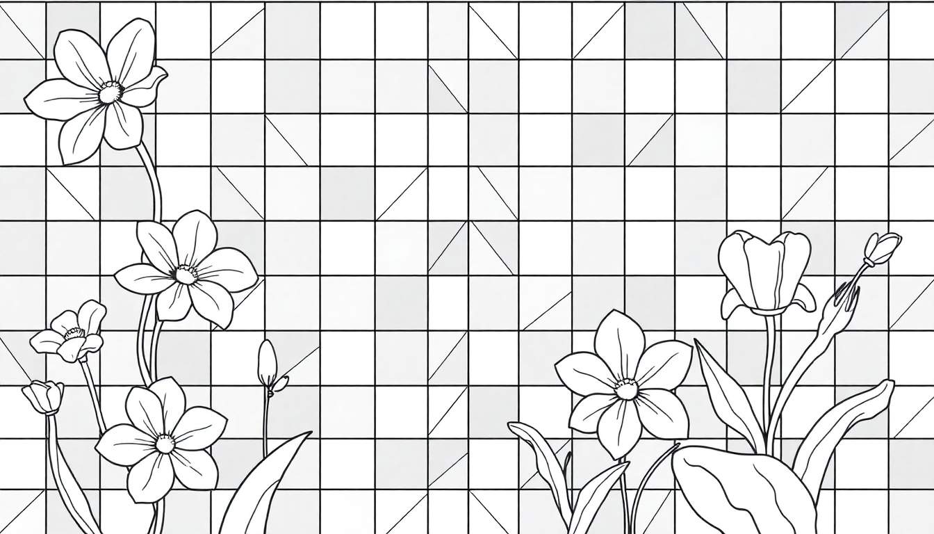 Um painel colorido com quadrados em branco e cinza divididos diagonalmente e flores estilizadas.