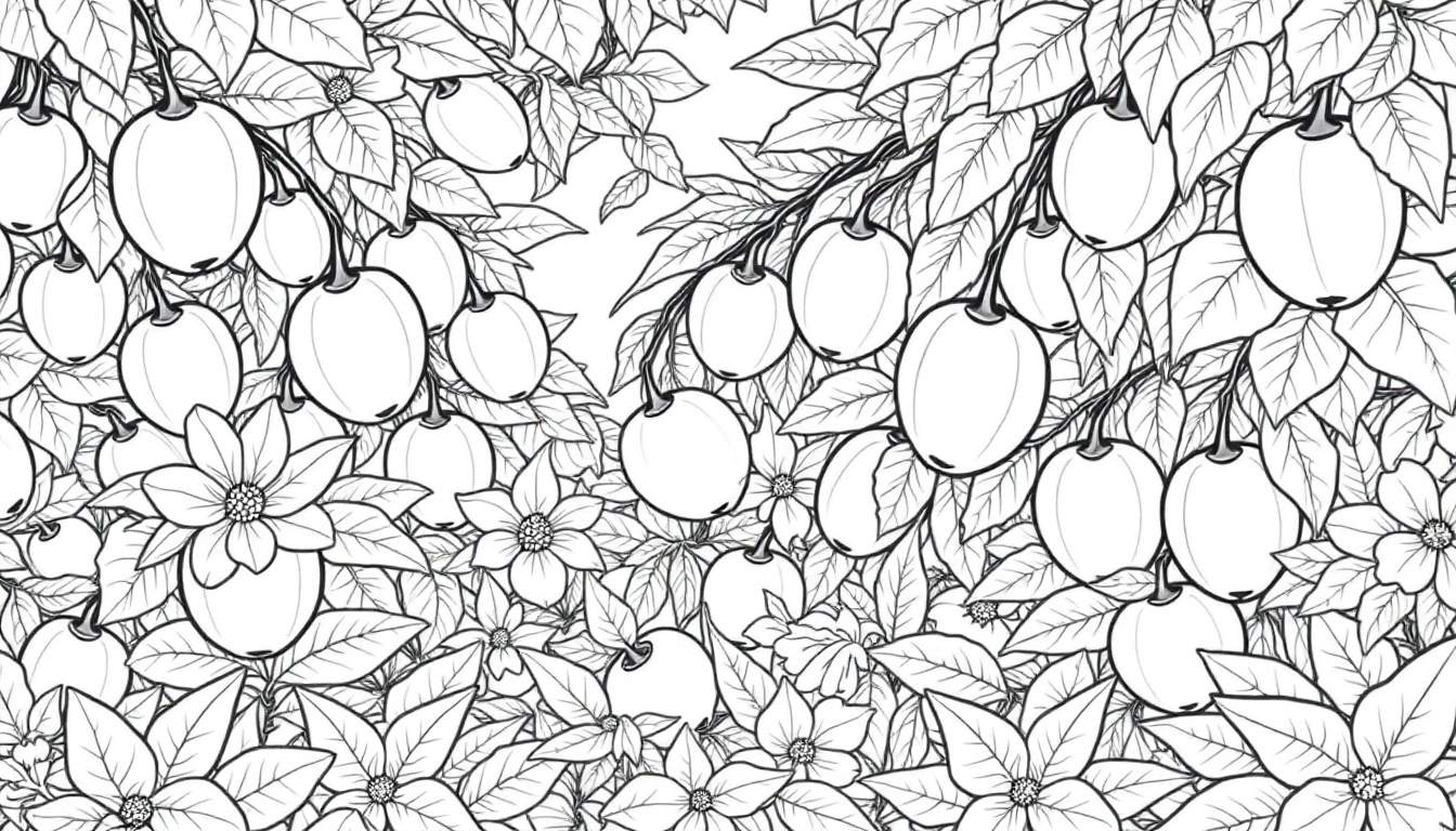 Um intrincado desenho em preto e branco de frutas e flores com uma folhagem exuberante, perfeito para colorir com um color panel.