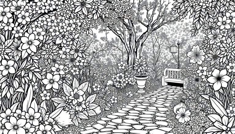 Um jardim secreto em preto e branco com um color panel para colorir.