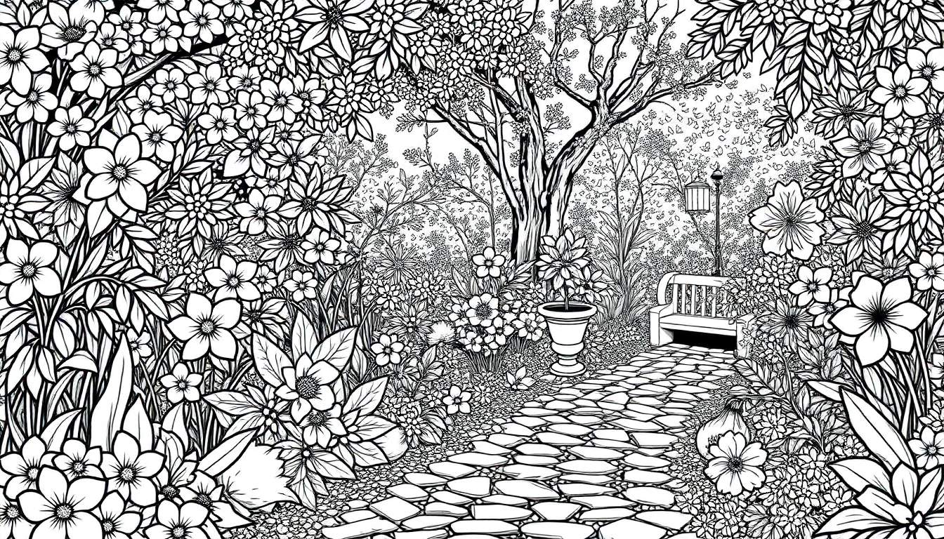 Um jardim secreto em preto e branco com um color panel para colorir.