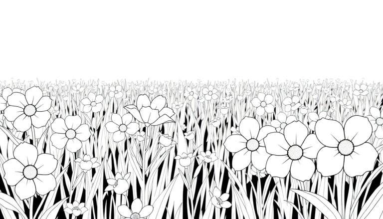 Um campo de flores em preto e branco, com grama alta e um céu claro. Inclui um painel de cores para colorir.