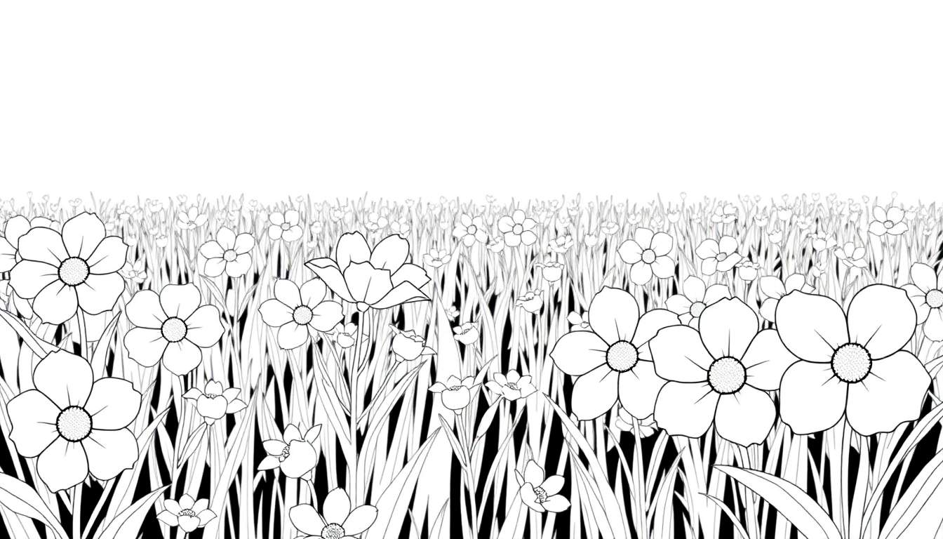 Um campo de flores em preto e branco, com grama alta e um céu claro. Inclui um painel de cores para colorir.