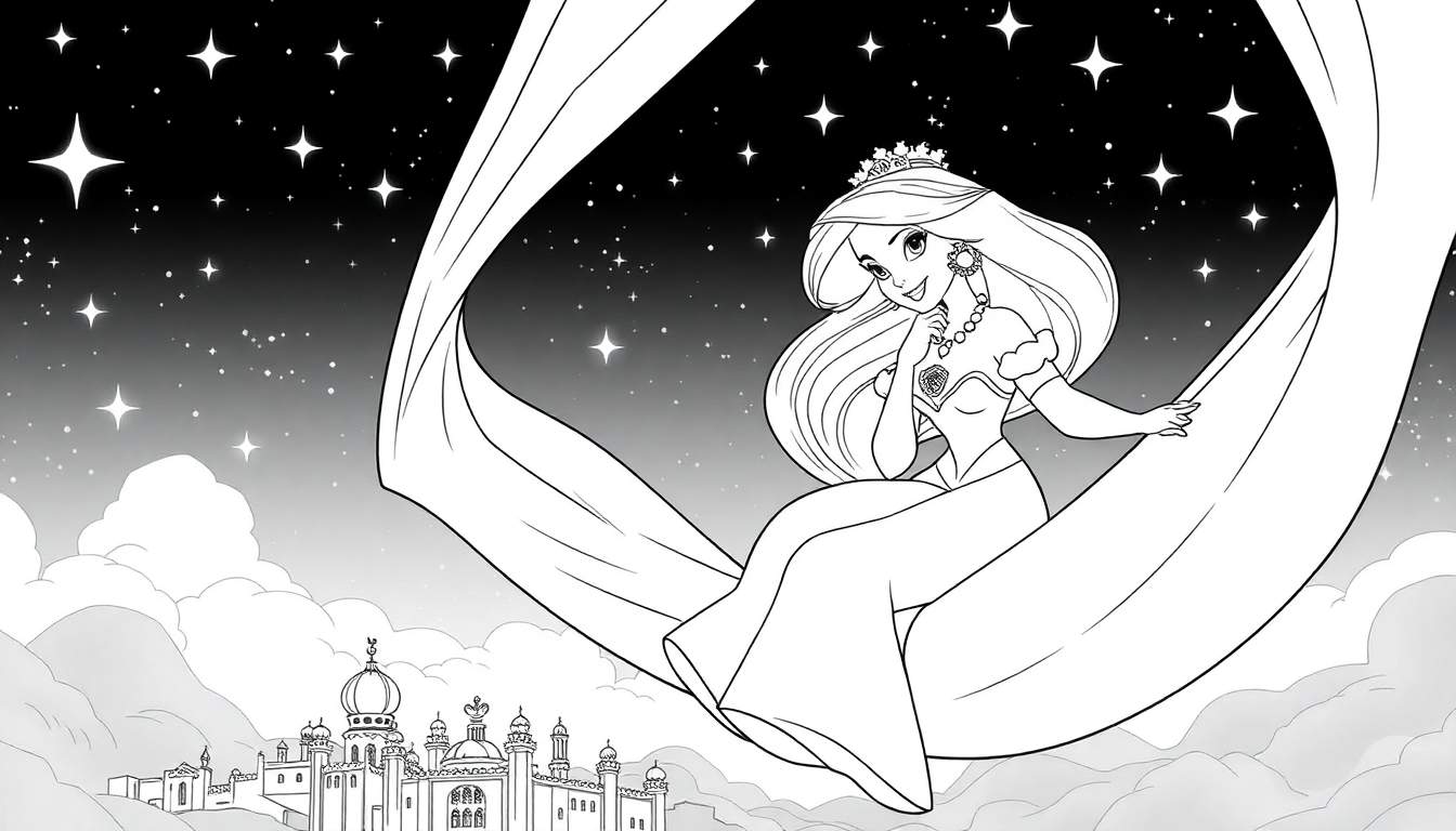 Desenho a preto e branco da princesa Jasmine sentada num tapete mágico no céu noturno, com a silhueta de Agrabah ao fundo.