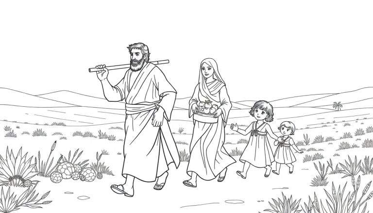 Desenho linear de uma família de peregrinos caminhando em uma paisagem desértica, com o pai na frente carregando uma vara, a mãe atrás com uma cesta e duas meninas seguindo-as. A paisagem é árida com algumas plantas maiores em primeiro plano e colinas ao fundo. Esta é uma cena para um color panel.
