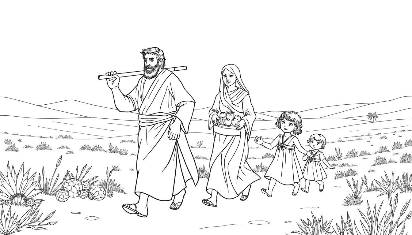 Desenho linear de uma família de peregrinos caminhando em uma paisagem desértica, com o pai na frente carregando uma vara, a mãe atrás com uma cesta e duas meninas seguindo-as. A paisagem é árida com algumas plantas maiores em primeiro plano e colinas ao fundo. Esta é uma cena para um color panel.