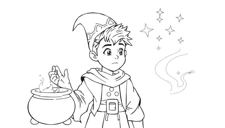Um jovem mago de desenho animado com um chapéu pontudo, manto e cinto, conjurando um caldeirão borbulhante com estrelas ao fundo, para um color panel.
