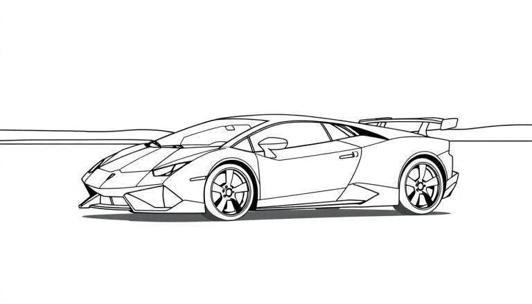 Desenho em preto e branco de um carro esportivo Lamborghini com spoiler, pronto para colorir.