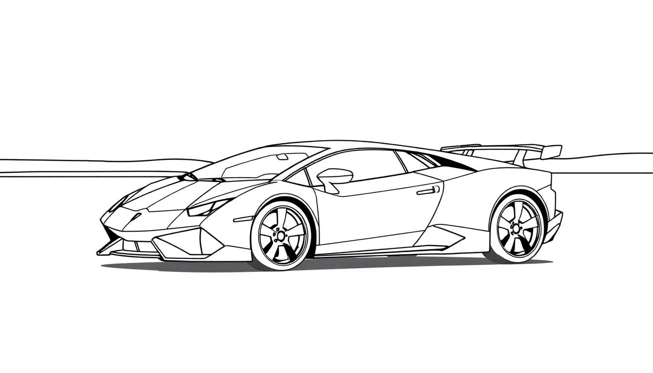 Desenho em preto e branco de um carro esportivo Lamborghini com spoiler, pronto para colorir.