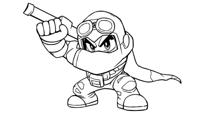 Personagem de desenho animado ninja futurista em preto e branco com óculos e pano no rosto, segurando um bastão.