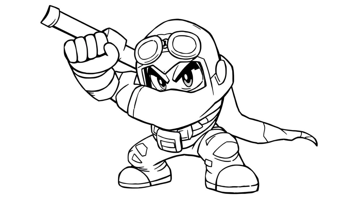 Personagem de desenho animado ninja futurista em preto e branco com óculos e pano no rosto, segurando um bastão.