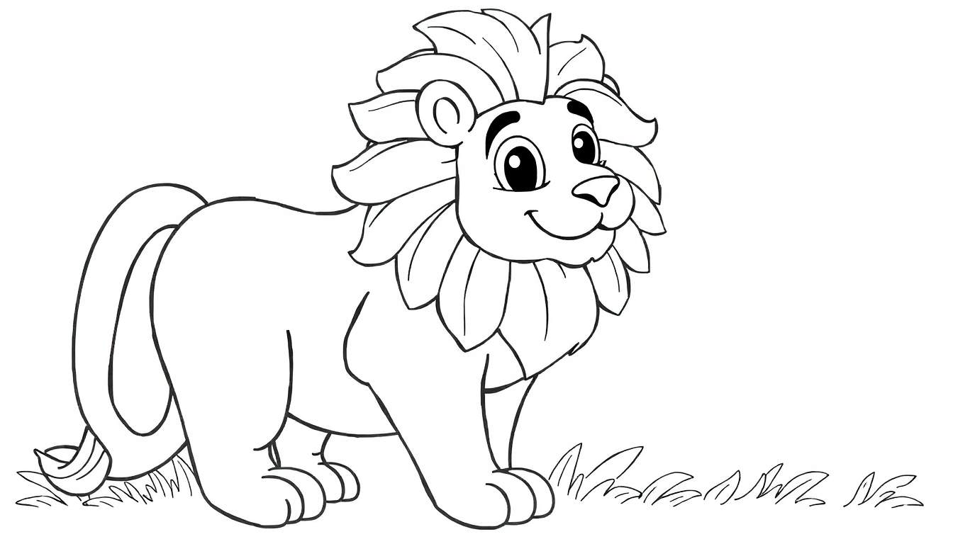 Desenho de um leão simpático em estilo de livro de colorir, com uma juba grande e grama simples na parte inferior. O color panel do leão está pronto para ser preenchido.