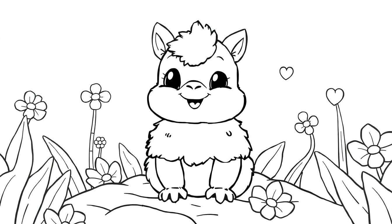 Um filhote de lhama fofo em um color panel rodeado de flores.