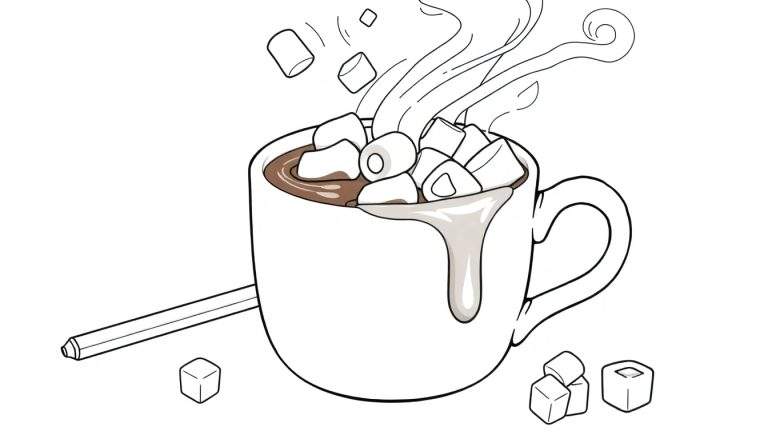 Uma xícara de chocolate quente fumegante com marshmallows flutuando. Um canudo está ao lado e alguns marshmallows caíram no chão. Um color panel para dar vida a este cenário.