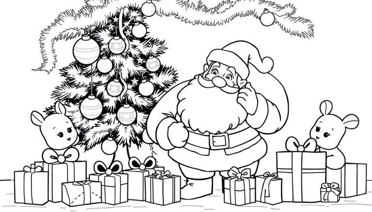 Um desenho em preto e branco de um Papai Noel sorridente com um urso de pelúcia e presentes, pronto para colorir no color panel.