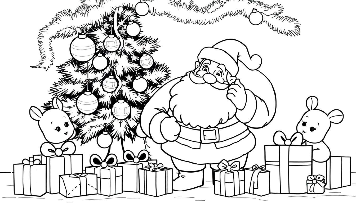 Um desenho em preto e branco de um Papai Noel sorridente com um urso de pelúcia e presentes, pronto para colorir no color panel.