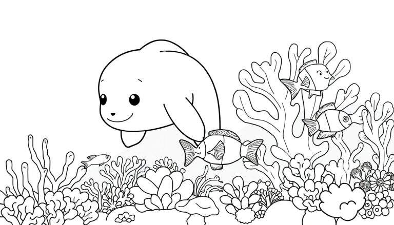 Um simpático manatí sorrindo em um mar preto e branco, pronto para ser colorido, com corais e peixes coloridos abaixo. O color panel mostra um mundo marinho vibrante.
