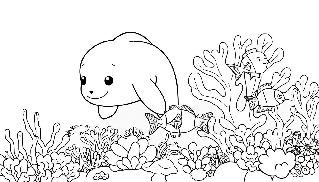 Um simpático manatí sorrindo em um mar preto e branco, pronto para ser colorido, com corais e peixes coloridos abaixo. O color panel mostra um mundo marinho vibrante.