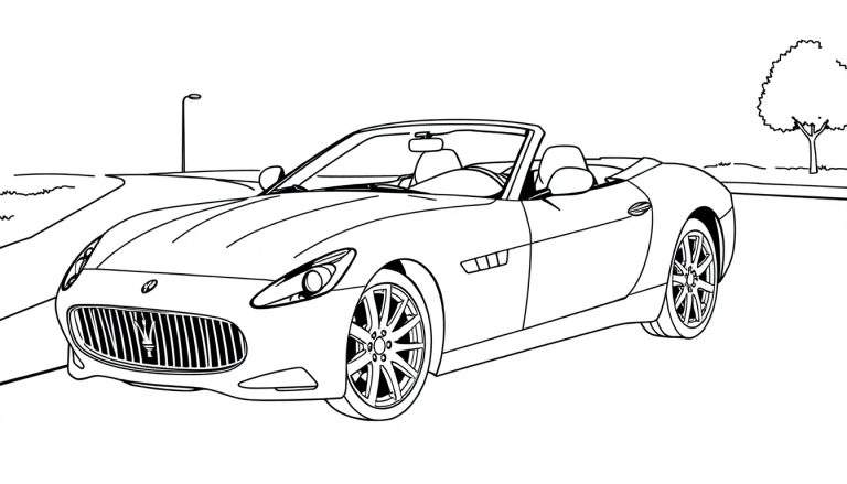Desenho a preto e branco de um carro desportivo Maserati 3500 GT Spyder com rodas raiadas, pronto para ser colorido.