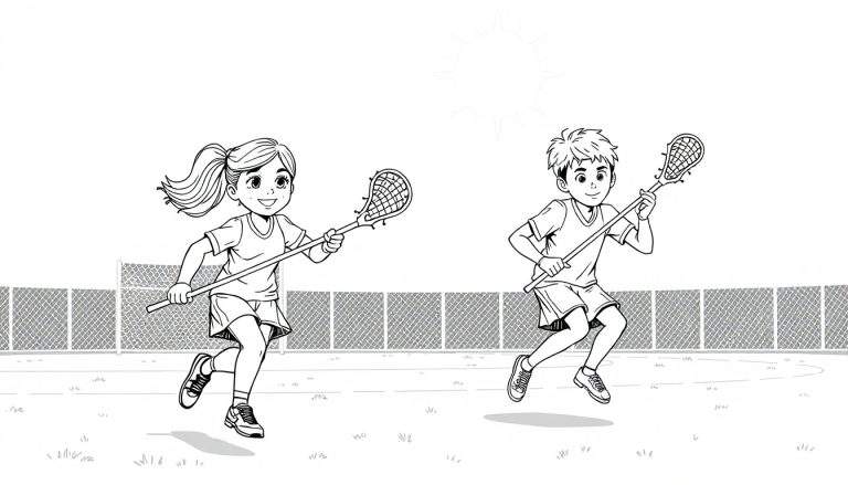 Desenho em preto e branco de duas crianças jogando lacrosse, com um sol estilizado no céu e uma cerca de arame ao fundo. Um color panel para diversão!