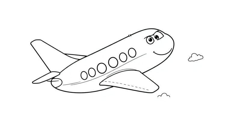 Avião de desenho animado amigável com grandes olhos expressivos e um sorriso, voando perto de uma nuvem, em um color panel.